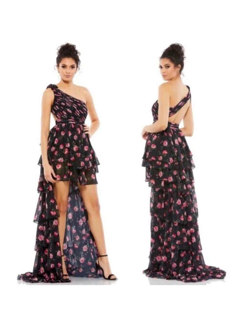 Mac Duggal Black Floral Pleaded One Shoulder Hi-Lo Dress Size 8